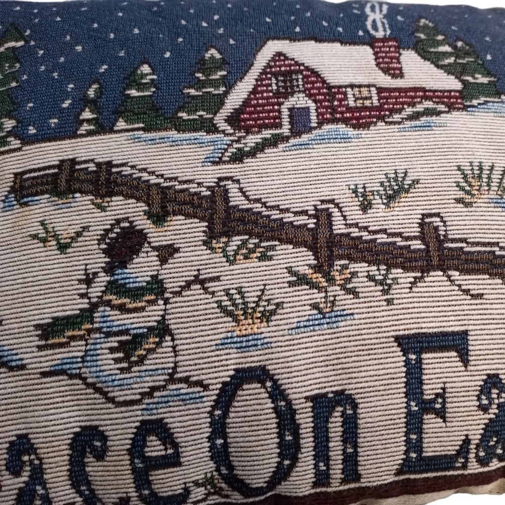 Vtg Christmas Peace on Earth Cabin Snow Needlepoint Decor Throw Pillow 12.5"x10" - Picture 3 of 4